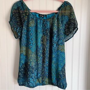 Apt 9 M Blouse Top Peacock Colors Paisley Mandala Abstract Print Boho Bohemian